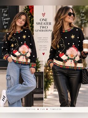 Bejeweled Black Holiday Snowman Sweater with Fur Trim knitted women size S